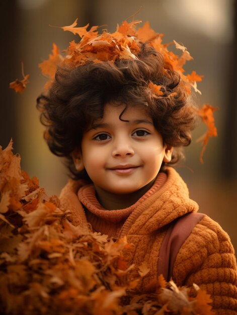 Indian kid in playful emontional dynamic pose on autumn background