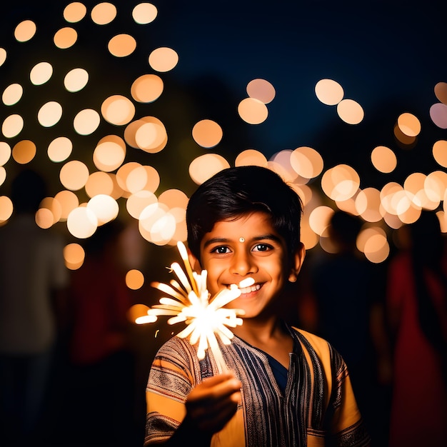 インドの子供たちが花火でディワリ・バイ・ドゥージ・ラキとラクシャ・バンダンを祝う