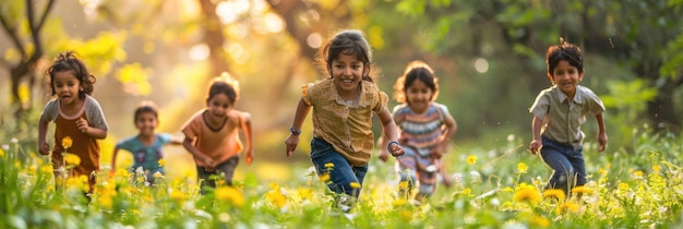 인디언 아이들은 봄 공원에서 밖에서 즐겁게 놀고 있습니다.