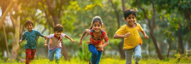 インドの子供たちが春の公園で遊んで楽しんでいます