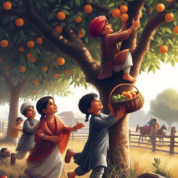 Indian kids stealing fruits from trees