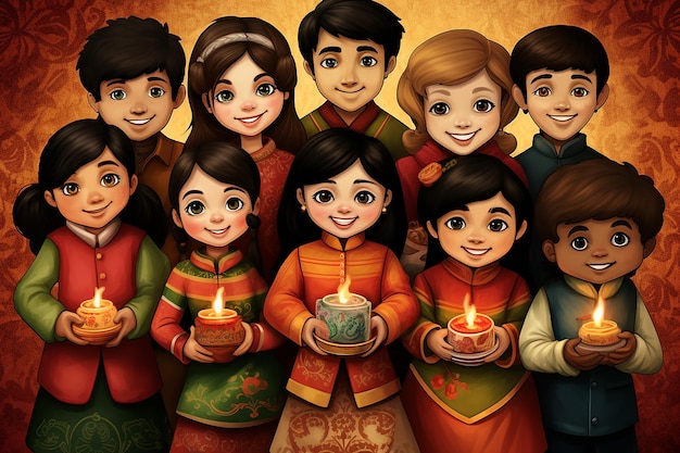 Indian kids in traditional costume holding oil lamp diwali celebration vector illustration