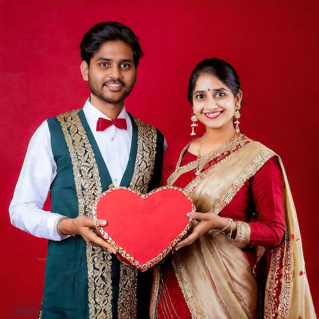 사진 인도 쿠르타 남자 여자 사리 쿠르타 페이지마 인도 발렌타인 데이 커플 심장 배경