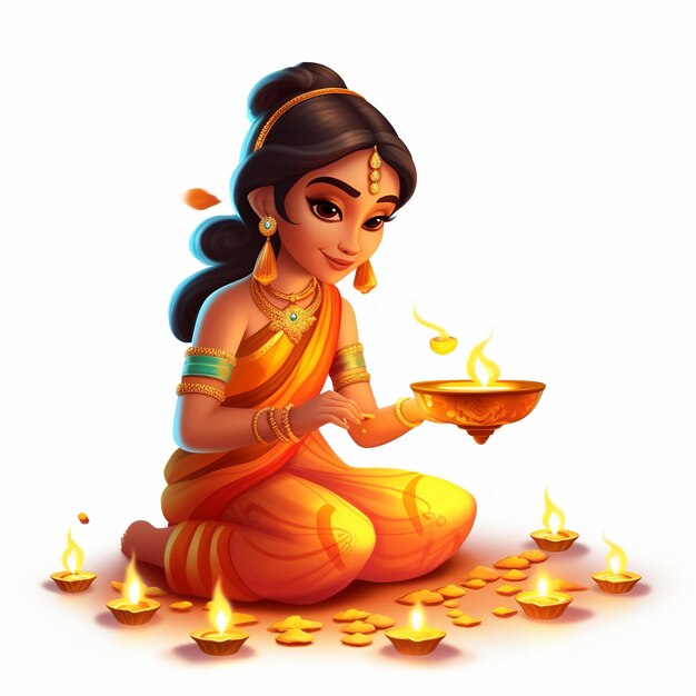 Indian lady lighting lamps for Diwali festival 3d illustration Generative Ai