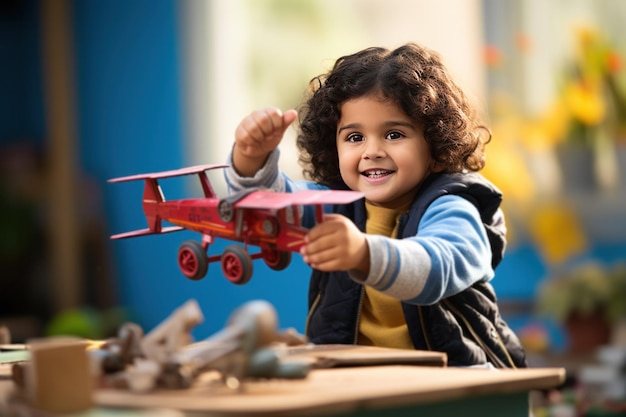 Indian little girl or boy flying a toy plane