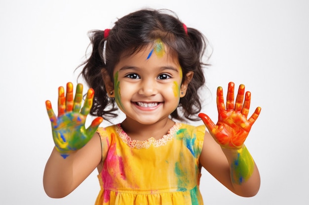 Indian little girl child showing her colored hands and smiles