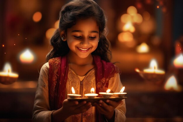 Indian little girl holding oil lamp in hand