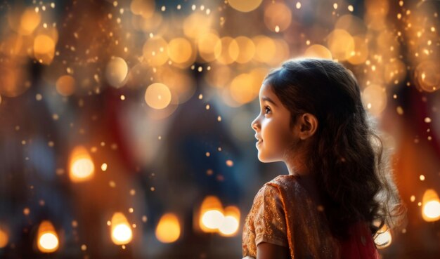 indian little girl is holding the diyas lamp and watching the amazing diyas at Diwali Festival