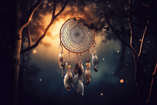 Indian lucky charm dream catcher hanging in the forest and blur background