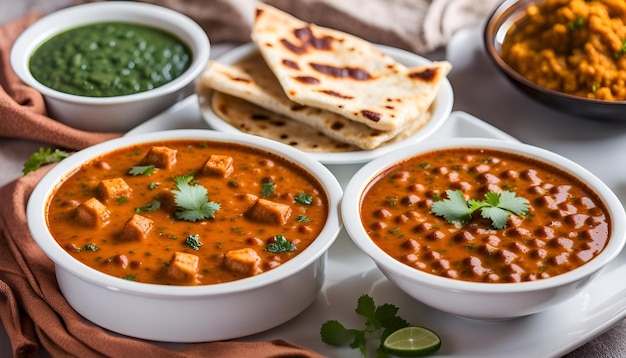 Indian lunch or dinner main course food in group includes paneer butter masala dal makhani palak p