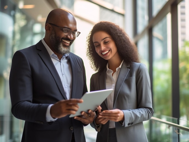 An Indian male CEO and a female African American financial manager are collaborating on investment o