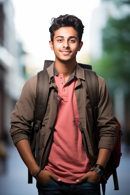 Indian male college student in campus with books and bag