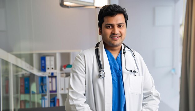 Photo indian male doctor standing at hospital