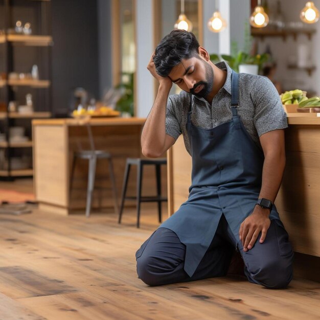 Photo indian male employee sit and resting after a long day at work small business owner coffee shop tired