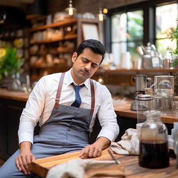 Photo indian male employee sit and resting after a long day at work small business owner coffee shop tired