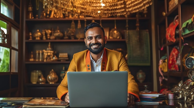 Indian male entrepreneur sitting at a computer in his home officereated with Generative AI technology