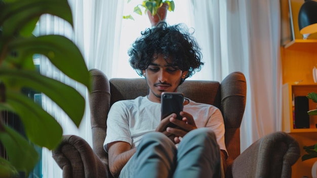 Indian man chatting with girlfriend in armchair at home looking at social media using mobile app checking social media panorama with copy space curly hair and using modern mobile phone