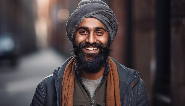 Foto un uomo indiano in abiti scuri che sorride per strada.