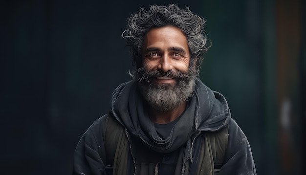 An Indian man in dark clothes smiling on the street