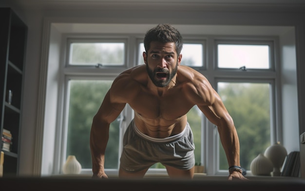 Indian man doing abdominal exercises at home