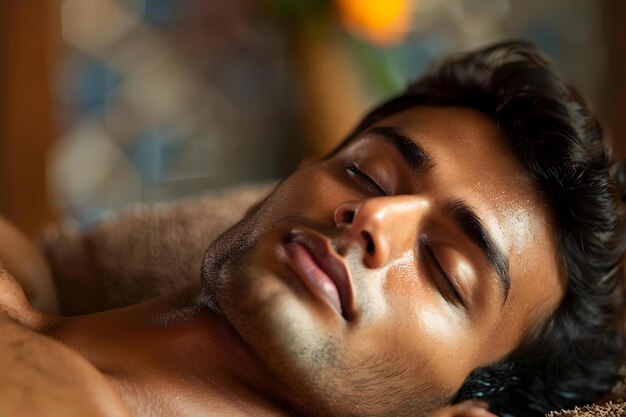 Foto uomo indiano che si rilassa in una spa ayurvedica dopo un trattamento di massaggio concept ayurvedic spa relaxation massage treatment indian man wellness retreat