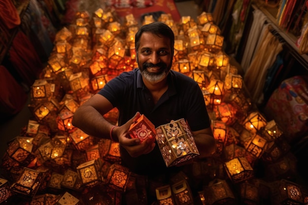 Indian man selling lanterns for diwali festival