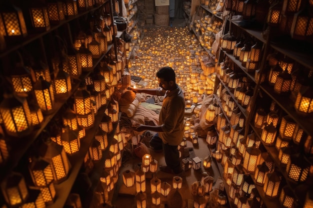 Indian man selling lanterns for diwali festival