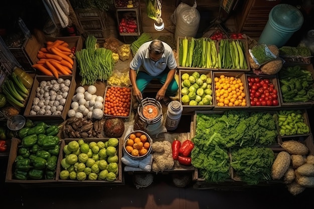 地元の野菜市場の小さなスタンドで野菜を売っているインド人男性