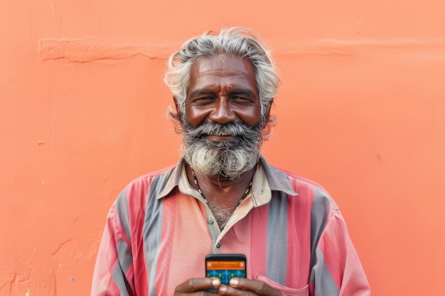 An Indian man smiles warmly as he recommends a vibrant mobile app on a peach background his genuine endorsement resonating with viewers