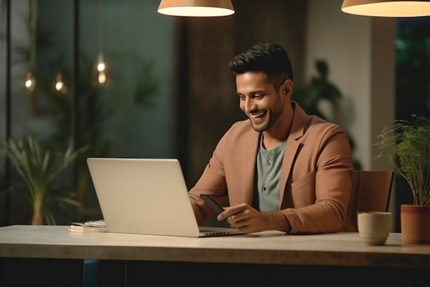 indian man using a laptop and credit card at home online