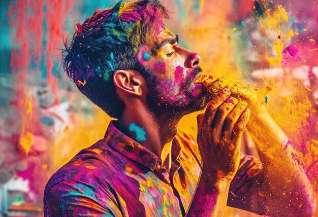 an indian man who is eating colorful powder in the style of fauvist color explosions