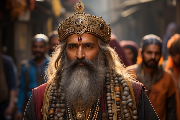 an indian man with a long beard and a gold crown