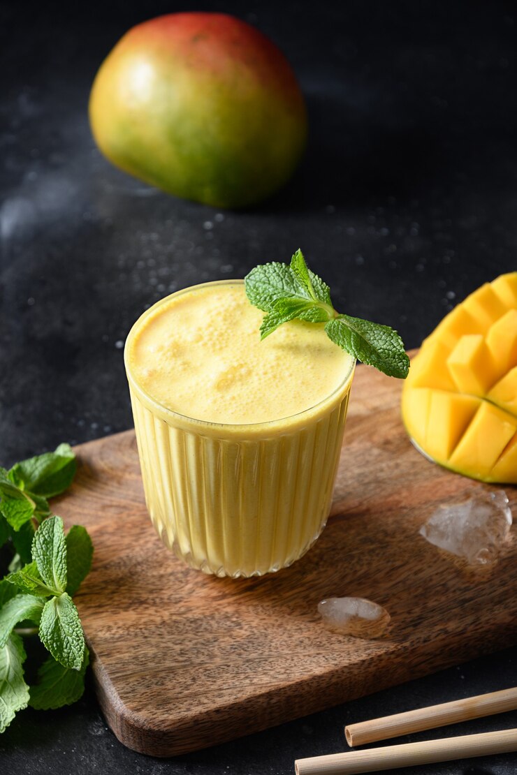 Indian mango lassi on black background