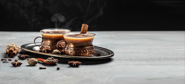 Indian masala chai tea Hot masala chai spiced tea with milk and spices is poured into a glass glass on dark background Long banner format place for text