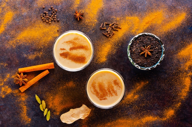 Indian Masala chai tea with spices in cups