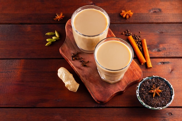 Indian Masala chai tea with spices in cups