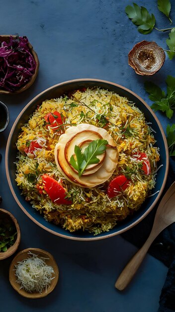 Foto carne indiana biryani carne di montone piccante biryani fotografia alimentare ai gen