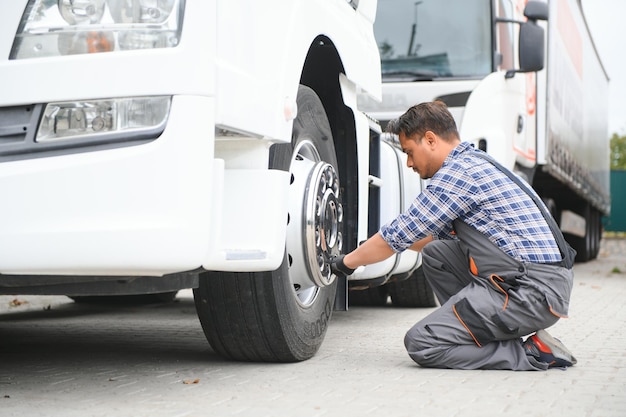 インド人整備士が車輪付きトラックの空気圧レンチを緩める