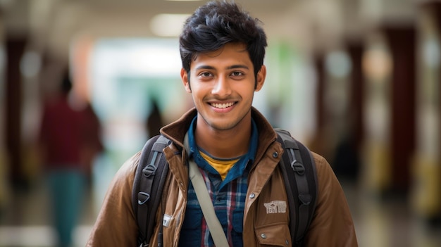 Индийский студент университета Ближнего Востока посреди коридора кампуса улыбается в камеру