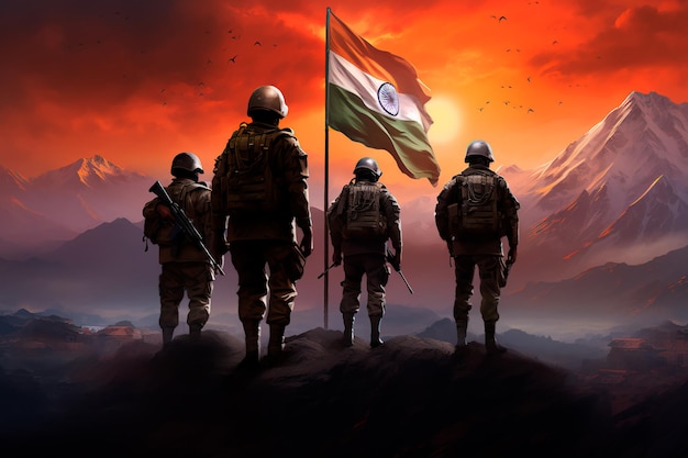インド国旗の背景にインド軍 AI が生成した軍隊のアート画像