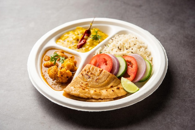 Indian mini meal parcel platter or combo thali with Gobi Masala roti dal tarka jeera rice salad