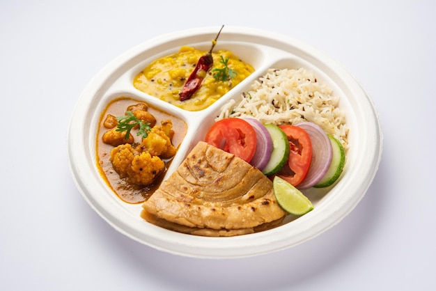 Indian mini meal parcel platter or combo thali with Gobi Masala roti dal tarka jeera rice salad