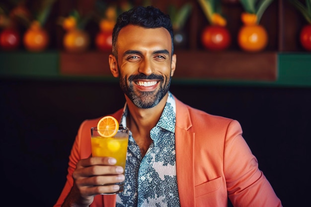 Indian mixed race man enjoys a cocktail on vacation