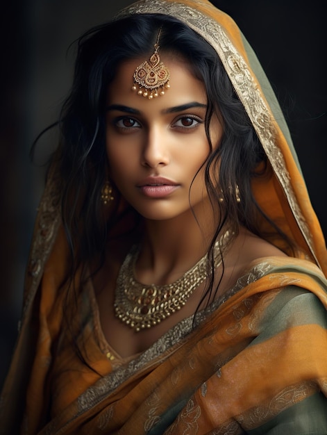 Indian model Authenticity cultural clothing attire outfit elegant national urban national ethnicity brunette portrait model with beautiful eyes in traditional dress jewelry