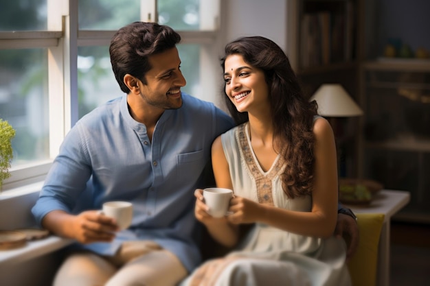 Indian modern young couple having coffee at home