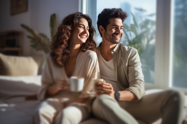 Indian modern young couple having coffee at home