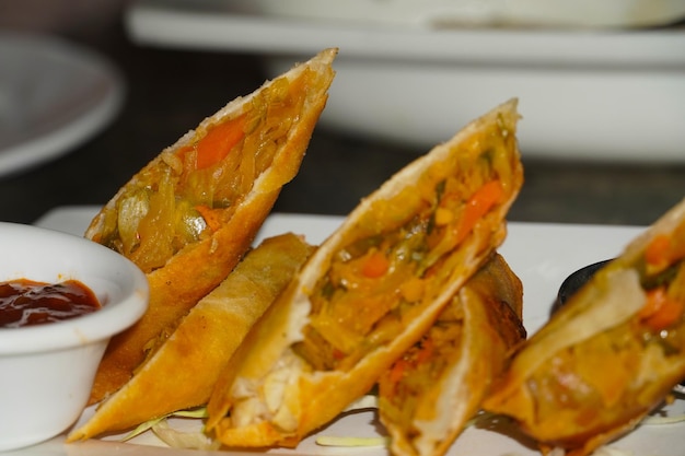 Indian momos in white plate at restaurant