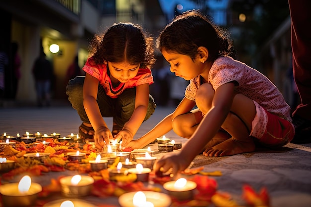 インドの母親と子供たちがディワリを祝うためにダイアを照らす