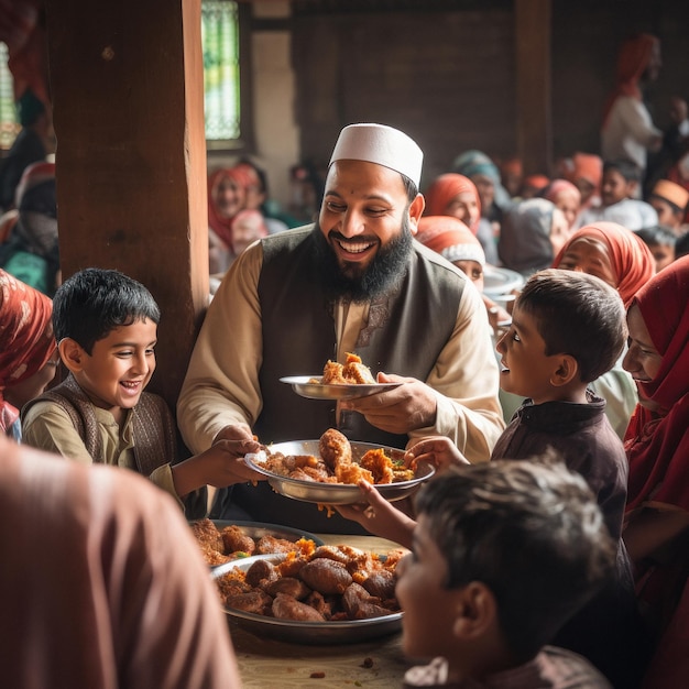 インド系イスラム教徒の家族が自宅で一緒に昼食や夕食を食べている