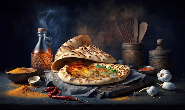 Indian naan bread on dark background